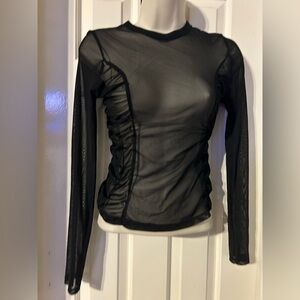 Divided Black Sheer Ruched Long Sleeve Blouse
